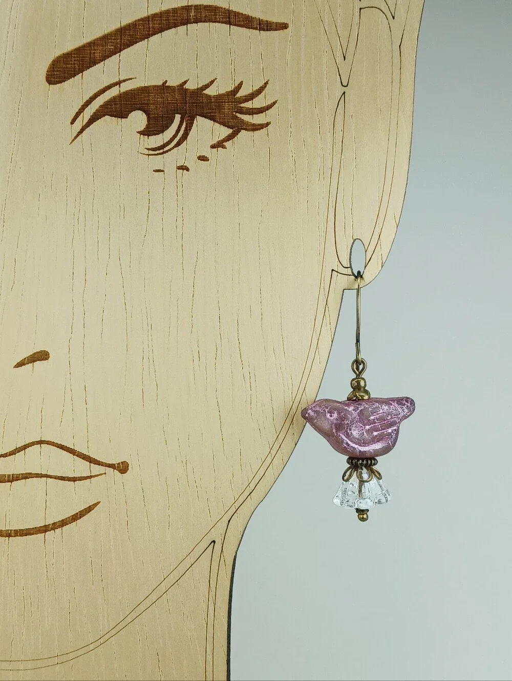 Purple Czech Glass Bird Earrings Crystal Flowers Antiqued Brass Hand Crafted